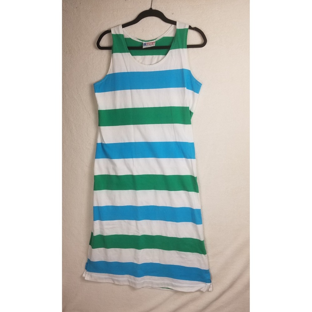 Rugged Wear Striped Tank Dress Womens L Green Blue White Excellent Midi Cotton